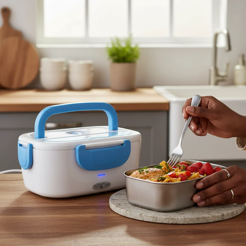 HotBite ThermoLunch plugged in on a kitchen counter with a hot meal in the removable steel tray
