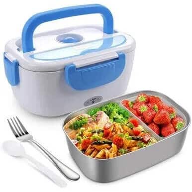 HotBite ThermoLunch electric lunch box in white and blue with stainless steel compartments of hot food